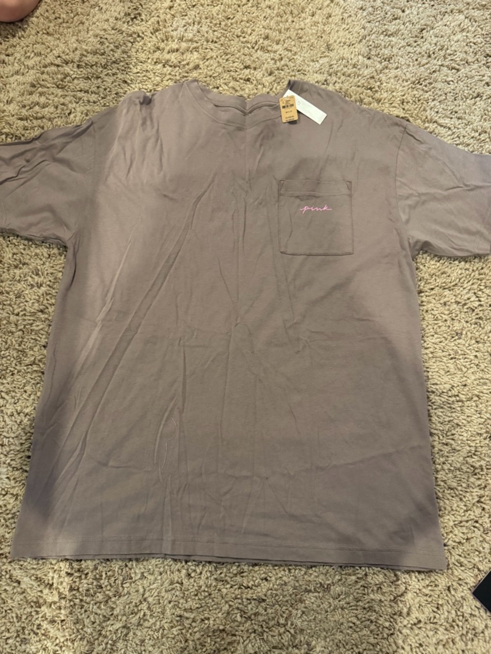 Victoria's Secret Pink Chest Pocket Tee - Taupe with Pink Script